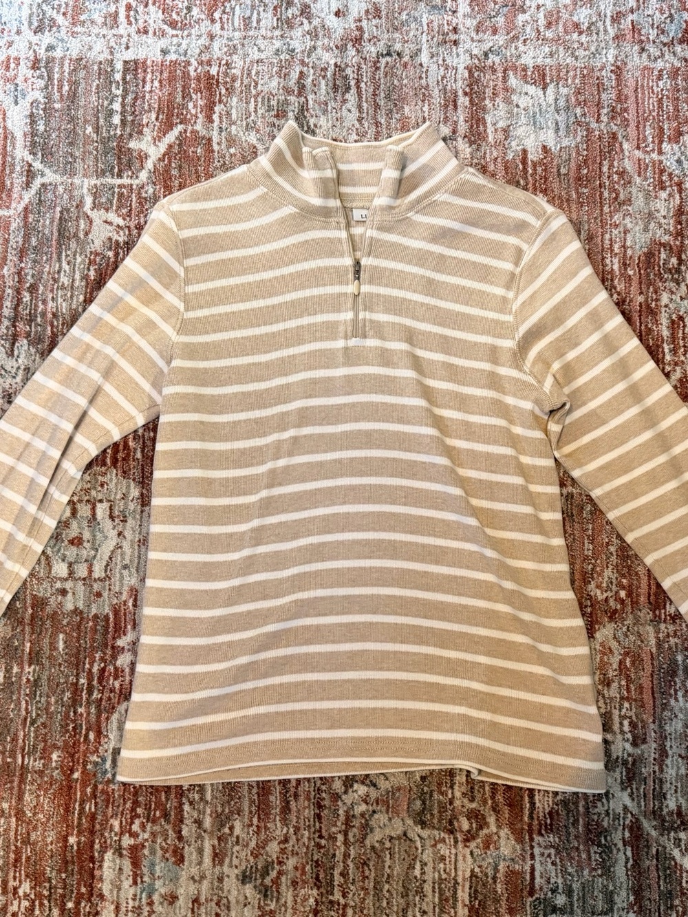 Woman’s Beige & White Striped L.L Bean Quarter-Zip Pullover with Mock collar